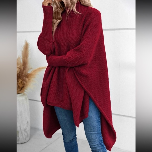 Cozy Mock Neck Dolman Sleeve High Low Hem knit Sweater Cape - Picture 14 of 16